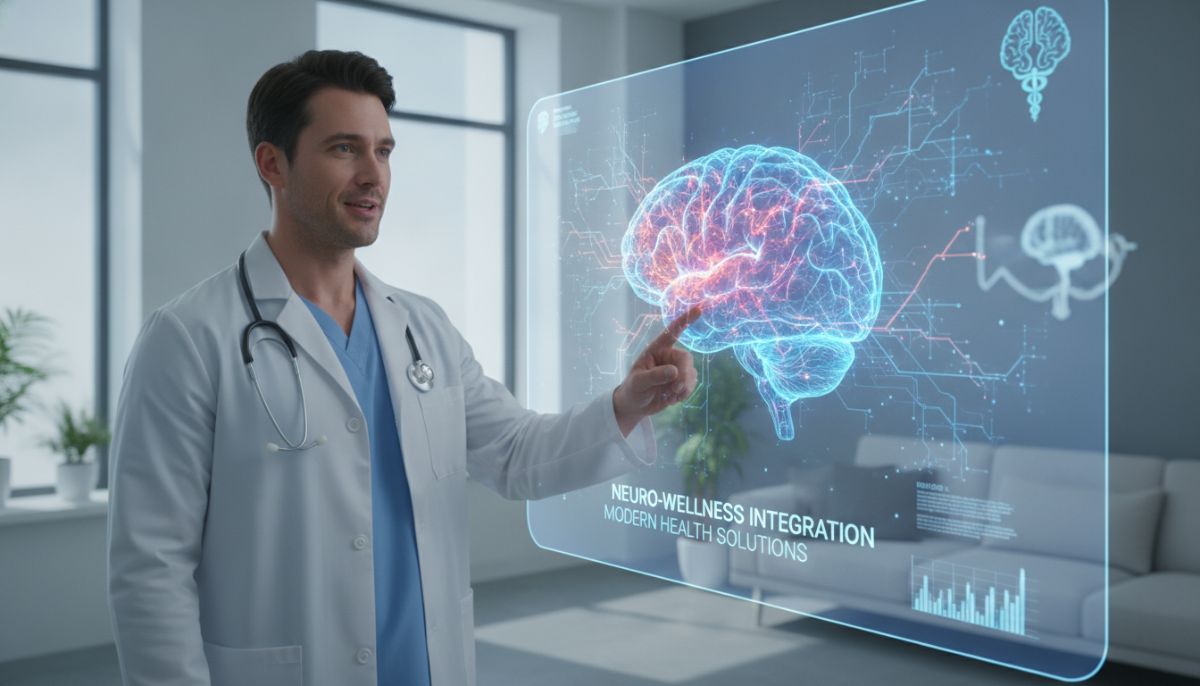 A professional doctor pointing to a highly detailed digital display of a human brain showing complex neural pathways, symbolizing modern neuro-health technology and mental wellness integration in a bright clinic setting