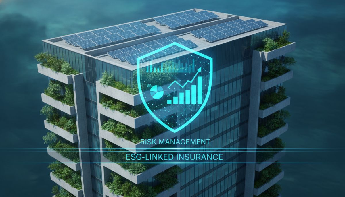 A modern corporate office building integrated with green plants and solar panels, reflecting sustainability, with a conceptual overlays of a shield and financial charts representing risk management and ESG-linked commercial insurance, digital art, professional, blue and green tones