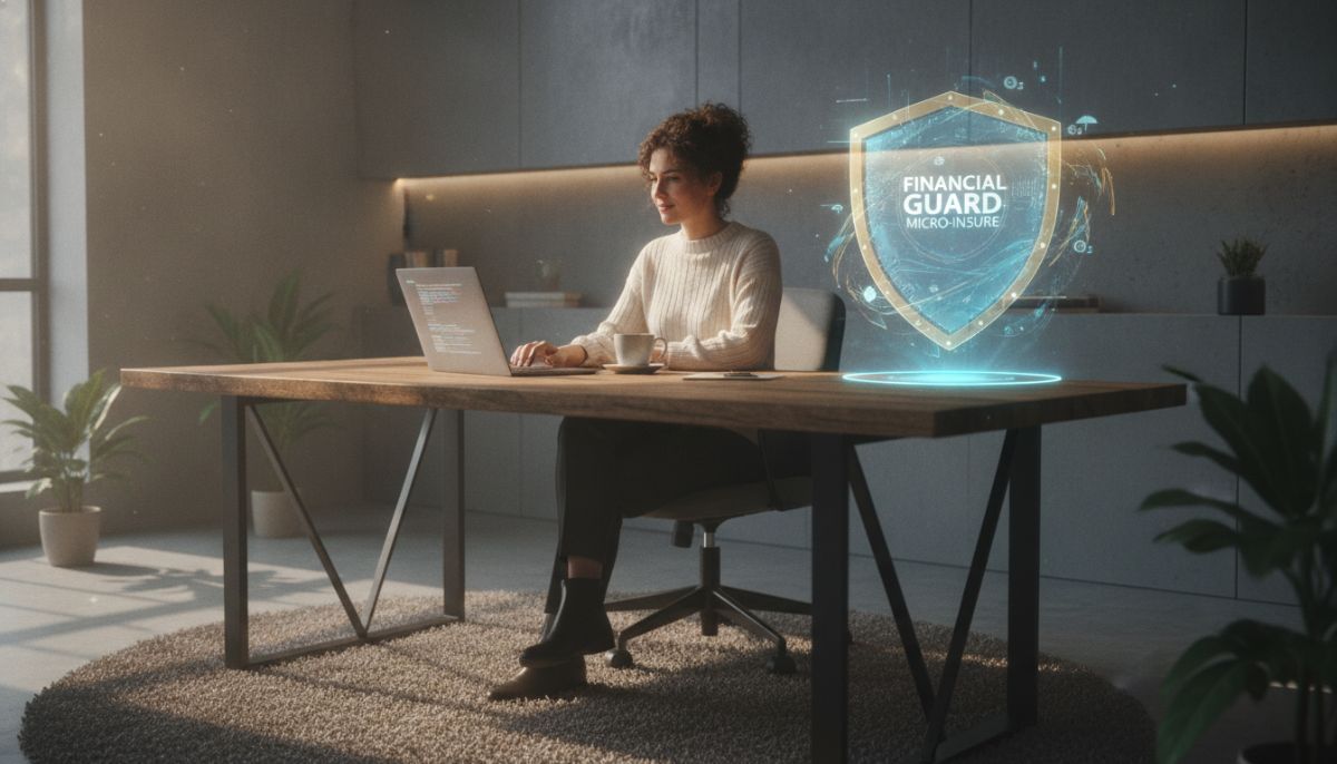 A professional female freelancer working on her laptop in a modern, sunlit home office, displaying a sense of peace and security. A glowing, semi-transparent holographic shield is positioned in the air next to her, symbolizing digital financial protection and micro-insurance, cinematic lighting, corporate-tech style.