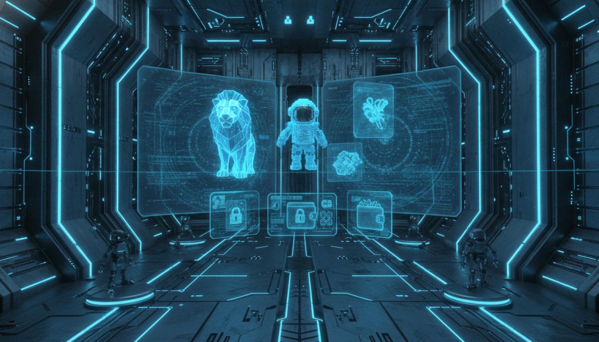 A high-tech digital vault with glowing blue cryptographic interfaces, displaying floating holograms of 3D NFT artworks and secure digital wallets, professional and highly secure environment, conceptual art, 8k resolution
