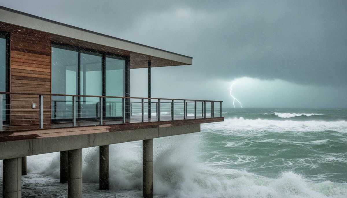 A modern elevated coastal house built on concrete stilts standing strong against a windy storm with waves crashing in the background, professional architecture photography, highly detailed, realistic lighting