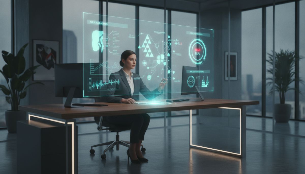 A professional modern office setting where an underwriter examines a dynamic digital holographic display showing health metrics, machine learning algorithms, and risk evaluation data, highly detailed, editorial photography style
