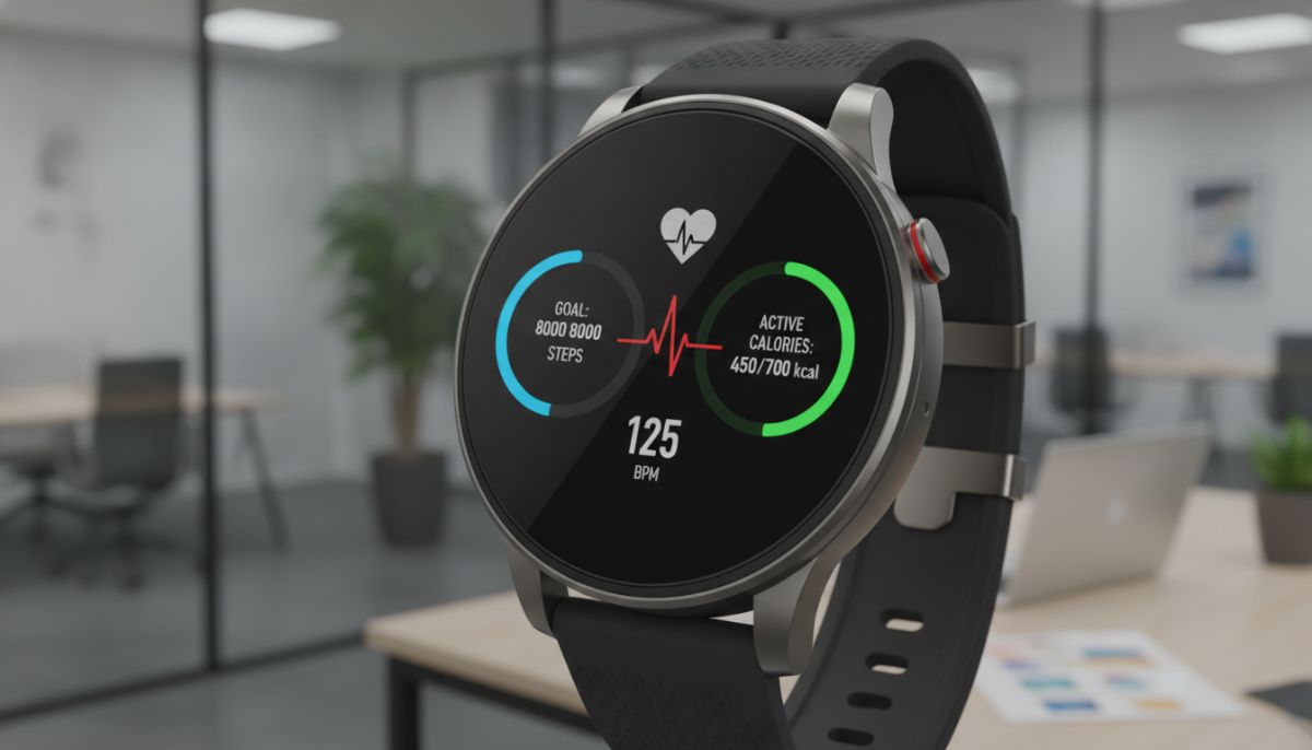 A professional close-up shot of a modern, high-tech fitness smartwatch displaying health data overlays such as heart rate and activity goals, with a clean corporate office background.
