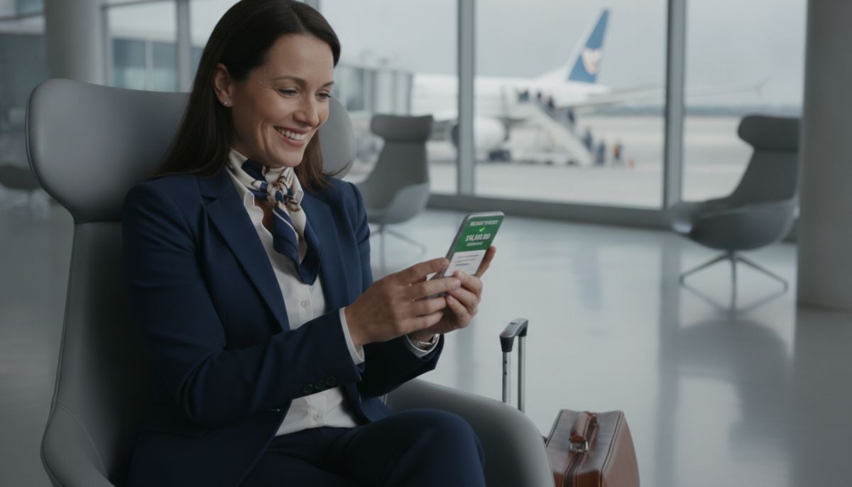 A professional corporate traveler looking at their smartphone with a smile in a modern airport terminal, showing a notification of an instant financial payout on their phone screen, with an airplane visibly boarding in the blurred background.