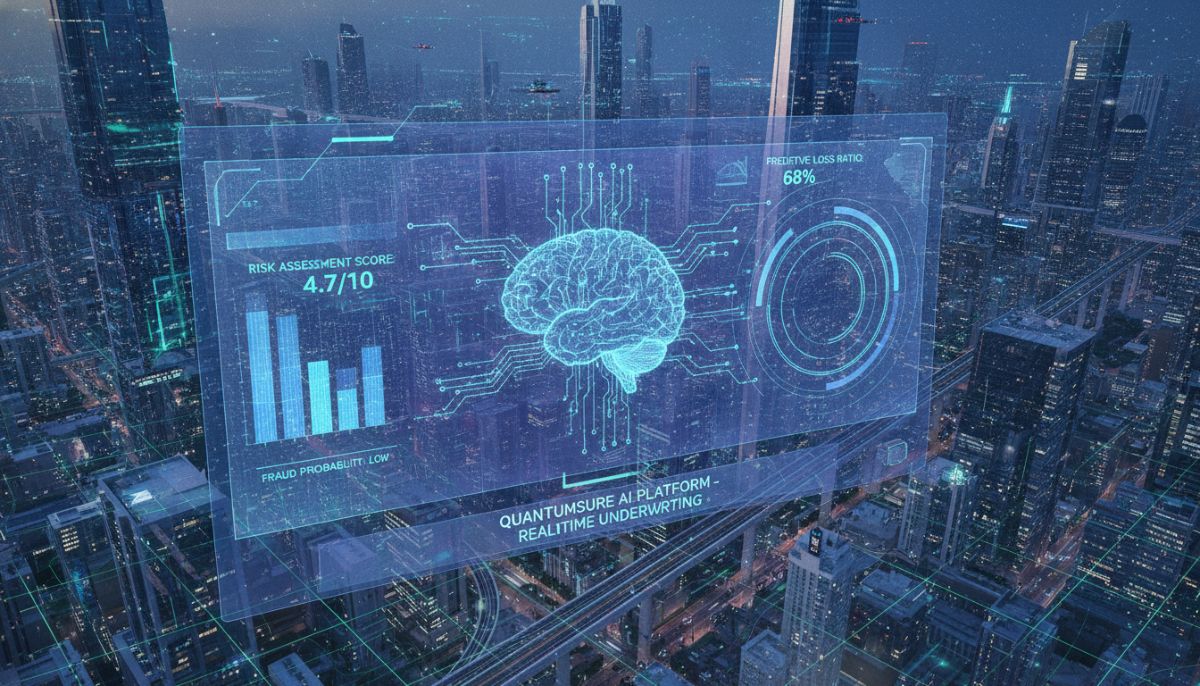 A futuristic digital interface showing real-time insurance underwriting data with AI analytics, cybernetic themes, and abstract data visualization overlaying a modern smart city background.